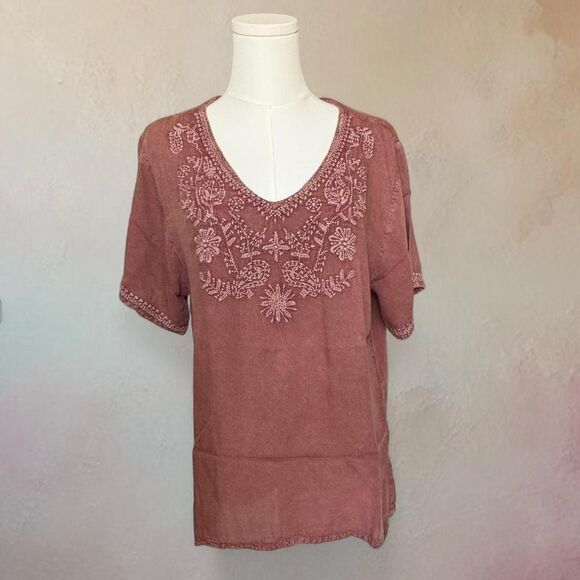 Solitaire Women's Mauve Blouse Size XL Embroidered Boho Cottage Coastal Gramma - Picture 1 of 7